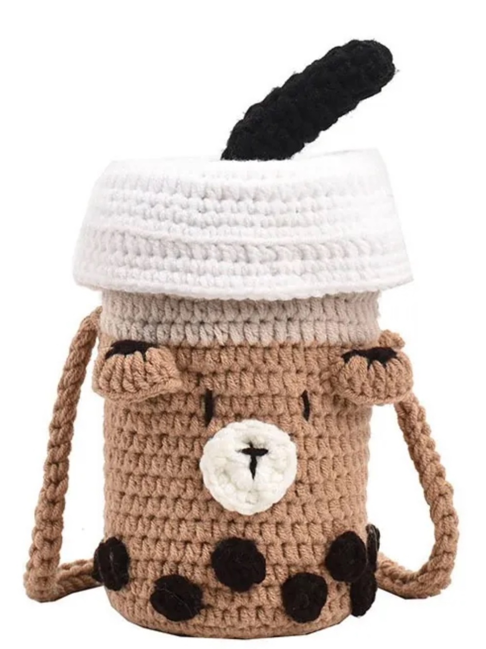 Handmade Crochet Bear Bubble Tea Crossbody Bag - Cream & White
